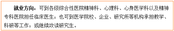 文本框: 就业方向:可到各级综合性医院精神科、心理科、心身医学科以及精神专科医院担任临床医生;也可到医学院校、企业、研究所等机构承担教学、科研等工作;或继续攻读研究生。